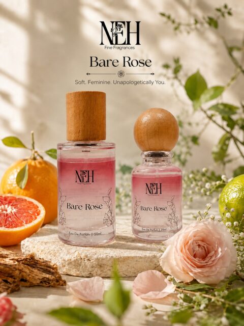Unlike vintage or powdery rose scents, Bare Rose is blended to leave a smooth, lingering trail of modern luxury. It positions itself as a “main character” fragrance meant to be memorable rather than loud.
Key Characteristics-:
* Longevity: Highly rated for its lasting power, typically lingering for 6 to 8 hours .
* Versatility: Perfectly balanced to be worn during casual daytime outings or elegant evening events .
* Vibe: Creates a sophisticated, slightly sweet, and “golden” aura
Olfactory Profile-:
* Top Notes: A juicy, energetic burst of Bergamot, Grapefruit, and Mandarin .
* Middle Notes: A soft, romantic floral bouquet of Rose, Jasmine and Geranium.
* Base Notes: A smooth, sensual, and long-lasting finish of Sandalwood, Cedar and Patchouli